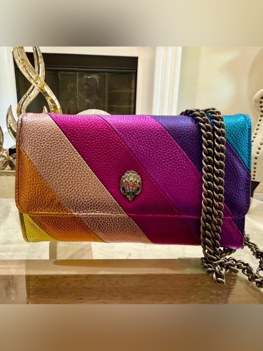 Kurt Geiger Multicolor Diagonal Stripe Leather Crossbody Bag NWOT - Picture 4 of 6